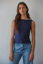 Knit Cotton Boat Neck Top in Navy