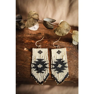 Beaded Handwoven Tribal Fringe Earrings in Cream/Black