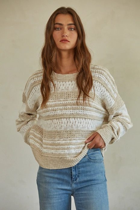 Coralie Striped Pullover in Ivory Taupe
