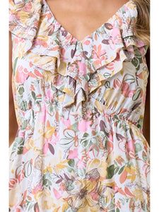 Double V-Neck Ruffle Floral Maxi Dress