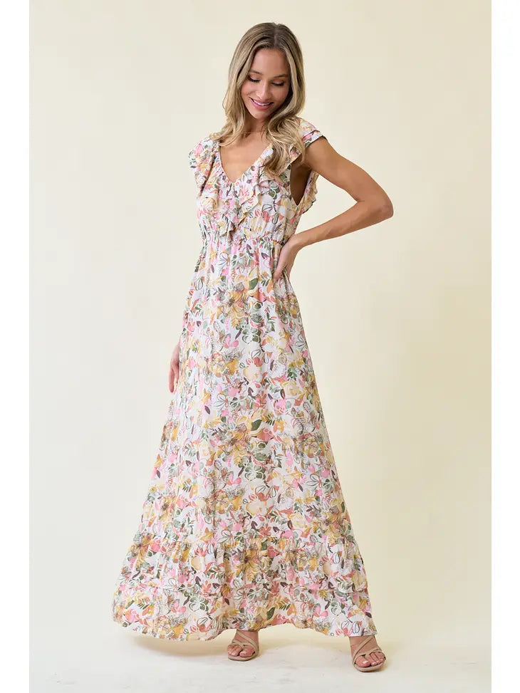 Double V-Neck Ruffle Floral Maxi Dress