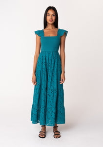 Embroidered Eyelet Smocked Tiered Maxi Dress in Teal