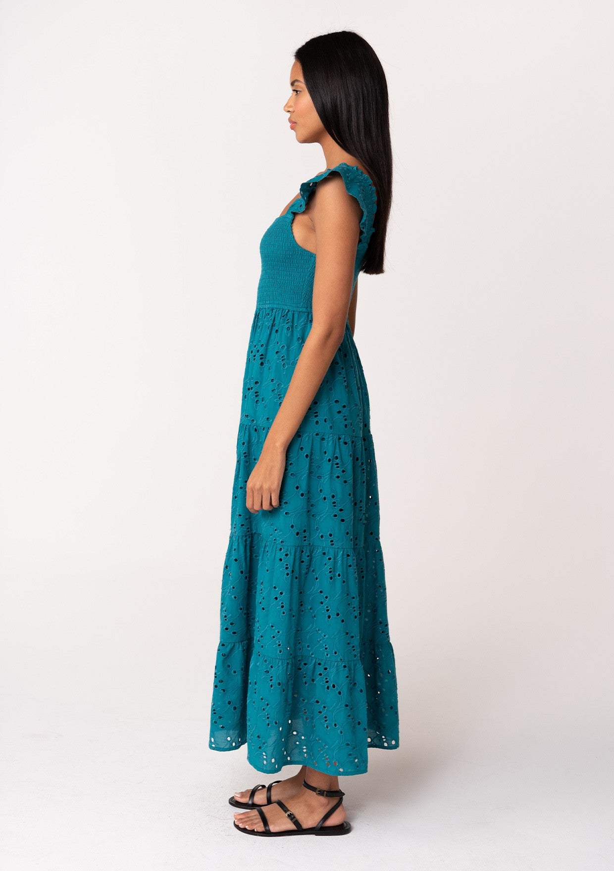 Embroidered Eyelet Smocked Tiered Maxi Dress in Teal