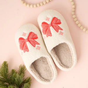 Fuzzy Holiday Slippers - Bow - Medium/Large