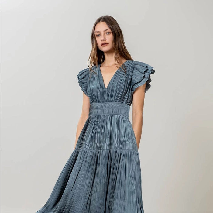 The Luna Pleated Midi Dress in Jade