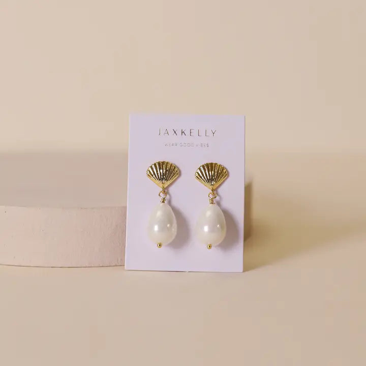 Seashell Pearl Drop Gold Earrings