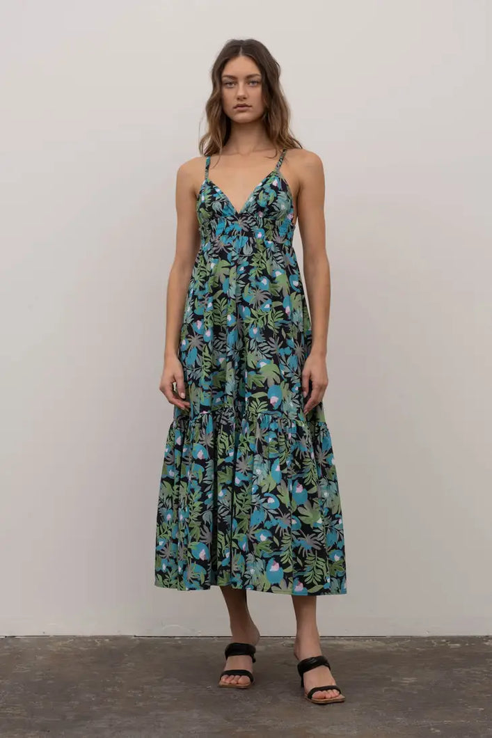Sweetheart Floral Midi Dress in Tropical Blue