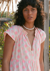 Textured Embroidered Tie Neck Tiered Mini Dress in Pink