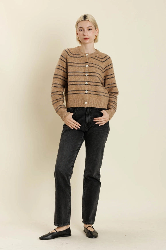 The Collette Striped Cardigan in Camel