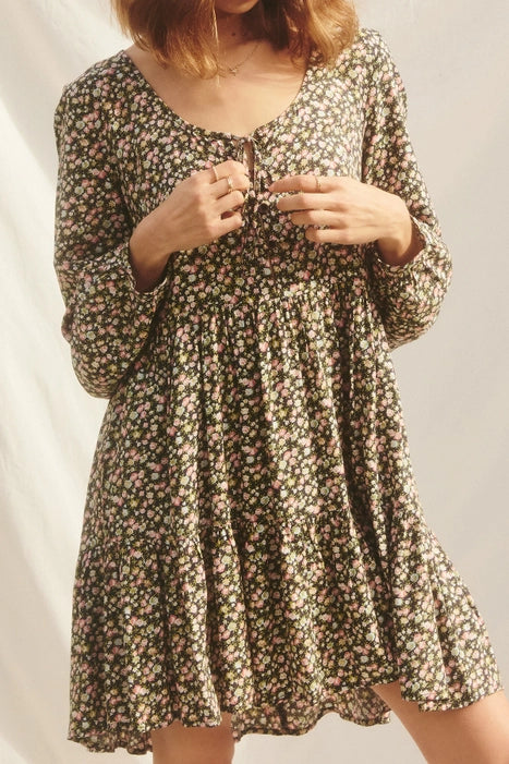 Floral Tiered Swing Dress in Charcoal