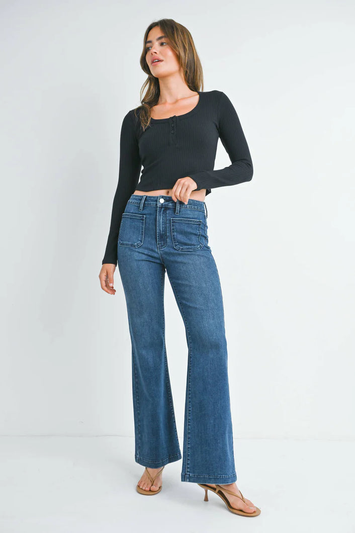 The Mini Patch Pocket Wide Leg in Dark Denim