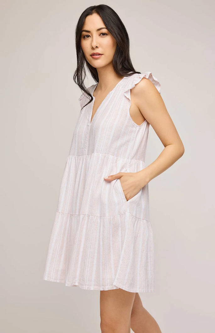 The Maggie Linen Mini Dress in Tan Stripe