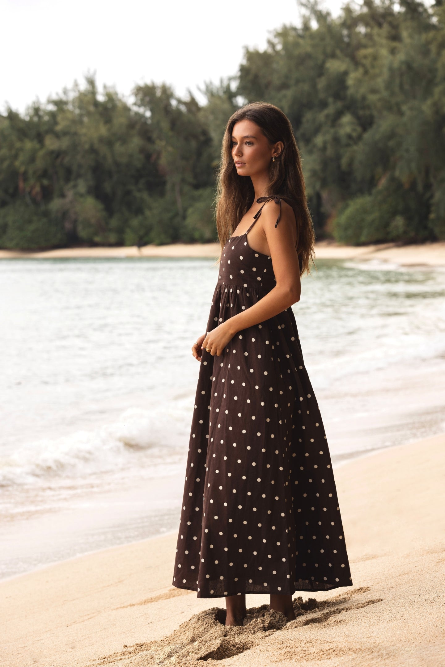 The Valory Maxi Dress in Brown Polka Dot