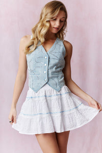Bow Patterned Rhinestone Light Denim Vest