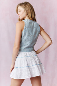 Bow Patterned Rhinestone Light Denim Vest