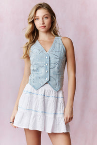 Bow Patterned Rhinestone Light Denim Vest
